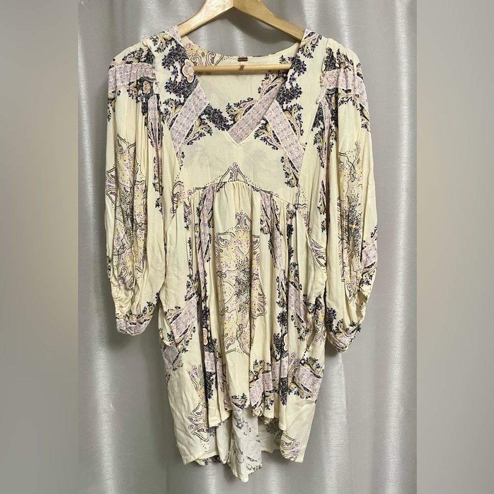 Free People Girl Talk Tunic Top Dress Womens Small Ivory Lavender Boho Pockets.
